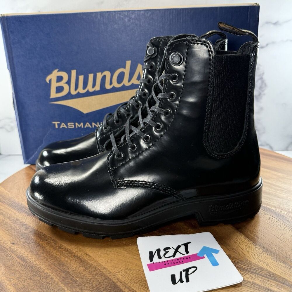 Women’s 7.5-Blundstone 2219 Originals Combat Boots Patent Leather Black Brush